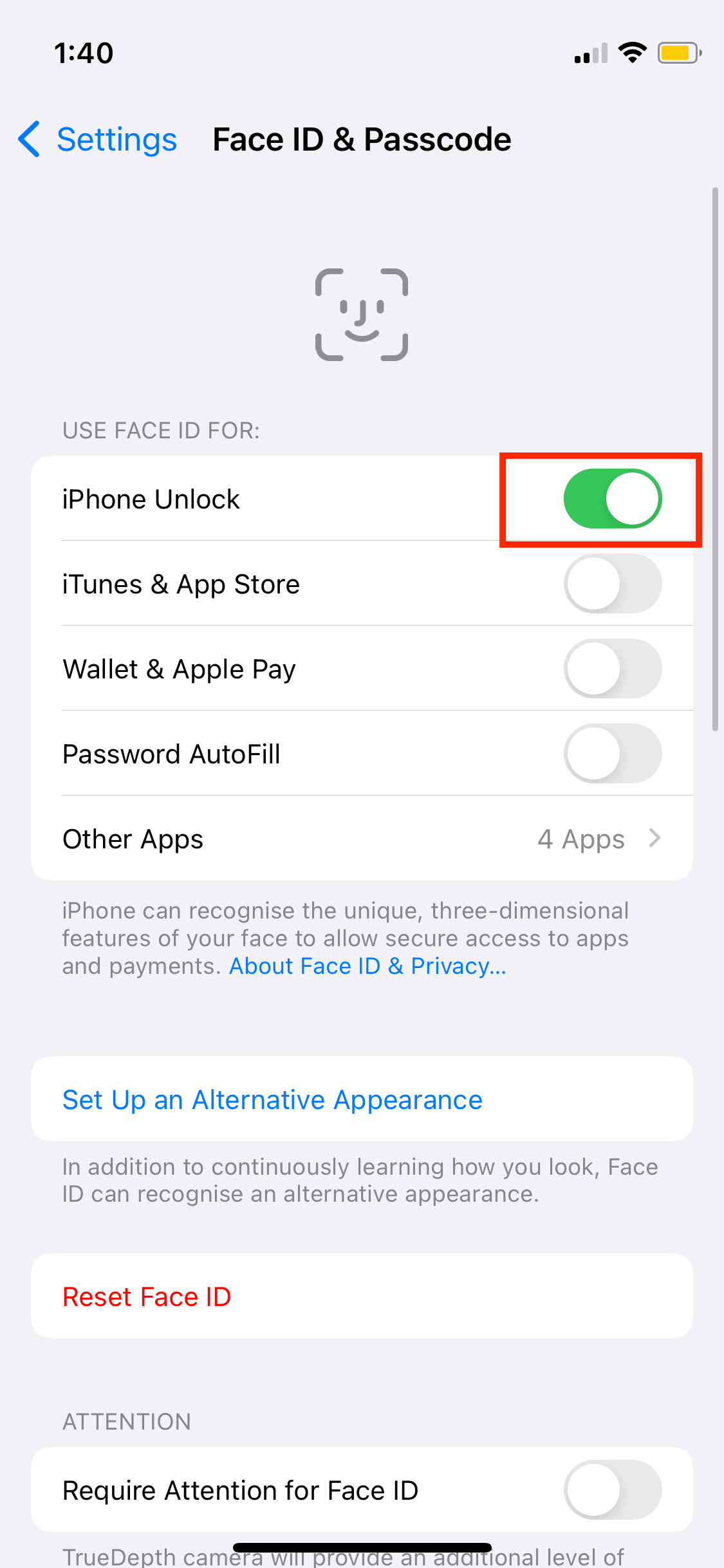 Turning off Face ID to unlock iPhone in Settings